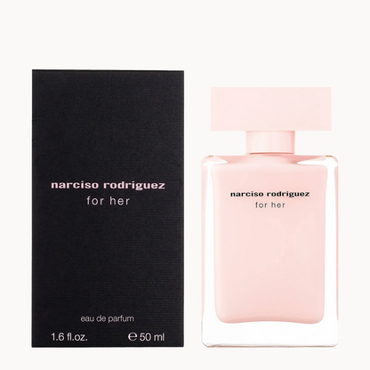 Narciso Rodriguez for her Eau de Parfum 50ml bottle next to its black packaging box, set against a plain off-white background.