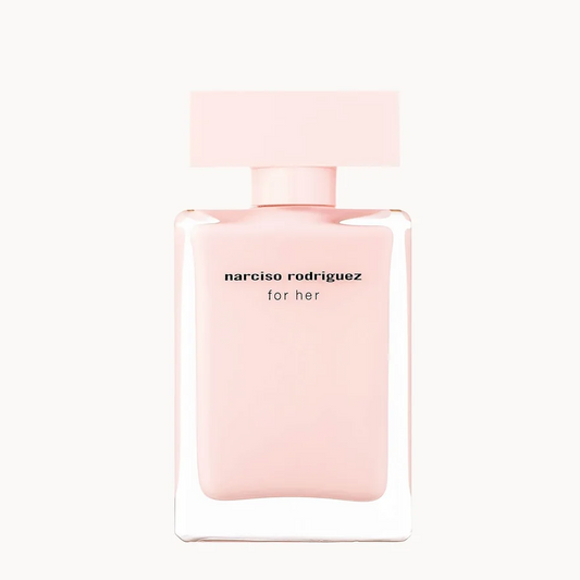 Narciso Rodriguez For Her perfume bottle in a soft pastel pink color, centered on a clean off-white background.