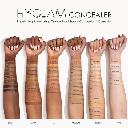 Six human forearms and hands are shown side by side under the text 'HY-GLAM CONCEALER' to demonstrate different makeup shades ranging from deep brown to fair beige. The image displays color options labeled 'DEEP', 'DARK', 'TAN', 'MEDIUM', 'LIGHT', and 'FAIR'.