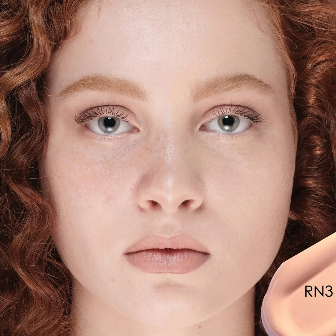 Close-up of a woman's face with split-screen makeup comparison and a small product swatch labeled RN3 in the lower right corner.