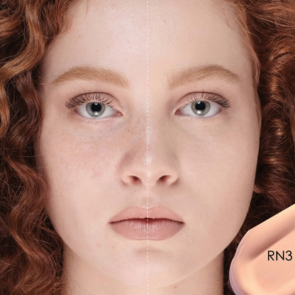 Close-up of a woman's face with split-screen makeup comparison and a small product swatch labeled RN3 in the lower right corner.
