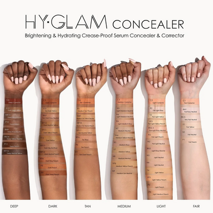 Six human forearms and hands are shown side by side under the text 'HY-GLAM CONCEALER' to demonstrate different makeup shades ranging from deep brown to fair beige. The image displays color options labeled 'DEEP', 'DARK', 'TAN', 'MEDIUM', 'LIGHT', and 'FAIR'.