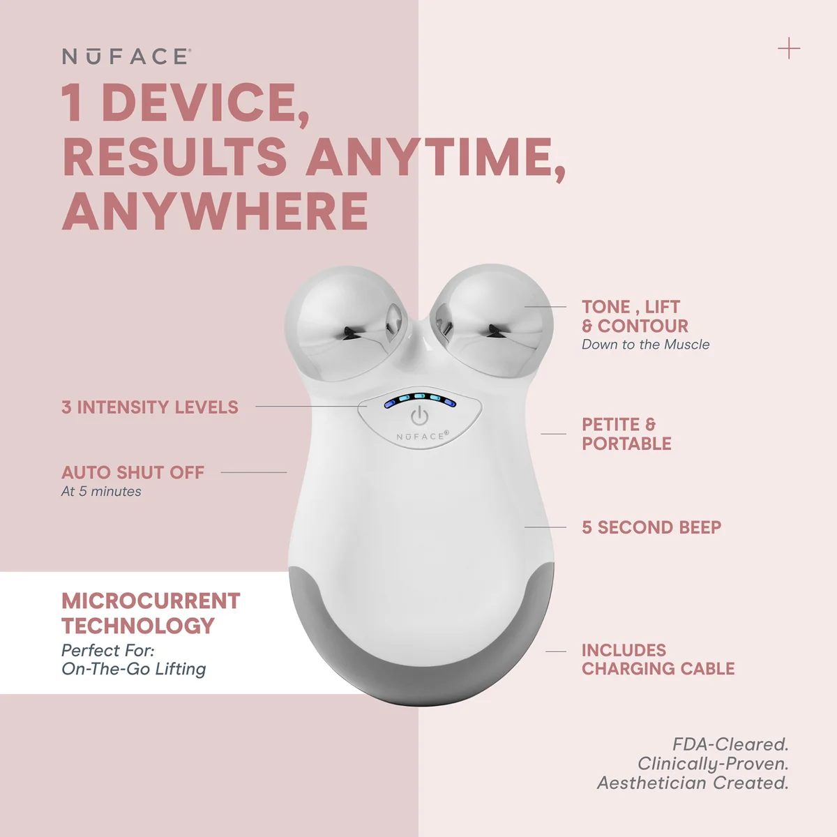 NuFACE device with features listed on a pink background
