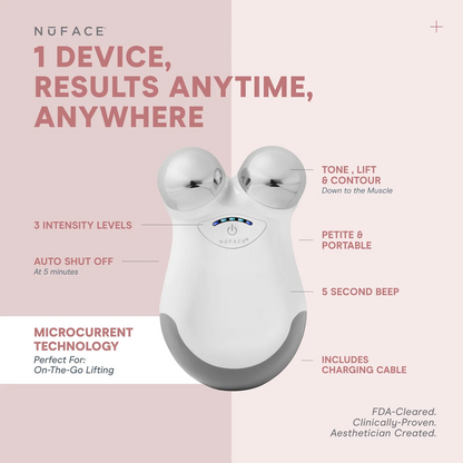 NuFACE device with features listed on a pink background