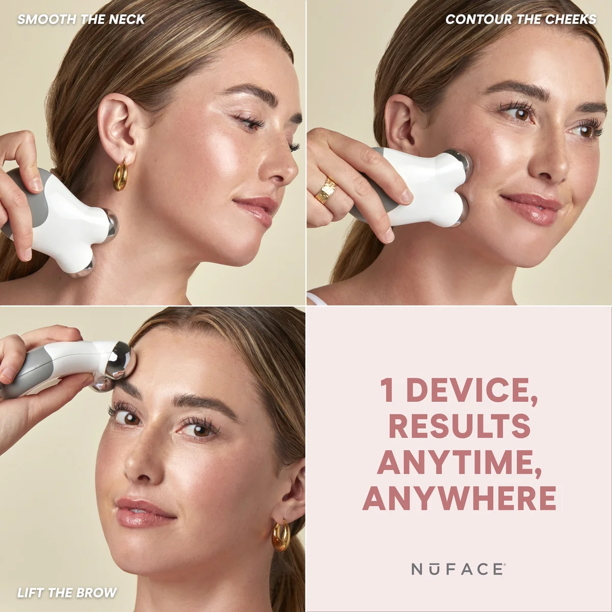 Woman using a Nuface device on her face with text highlighting features.