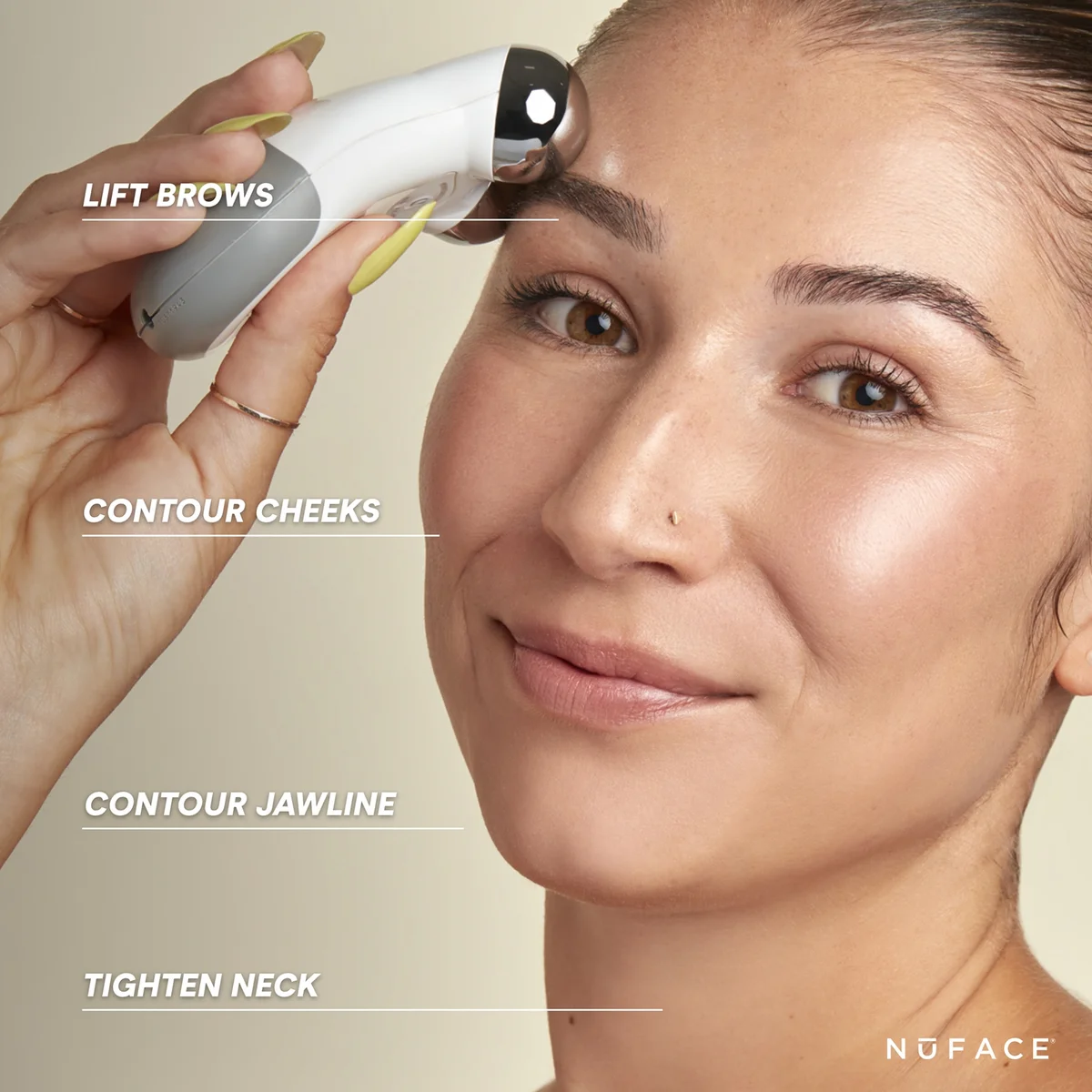 Woman using a NuFace device on her face with text indicating its use for lifting brows, contouring cheeks, jawline, and neck.