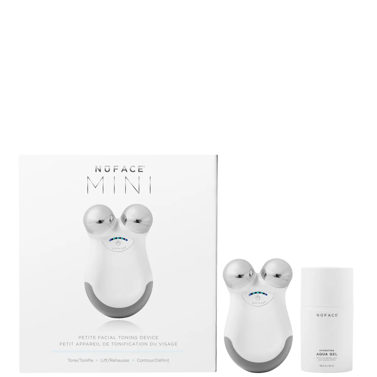 NuFACE Mini facial device with packaging and a bottle on a white background