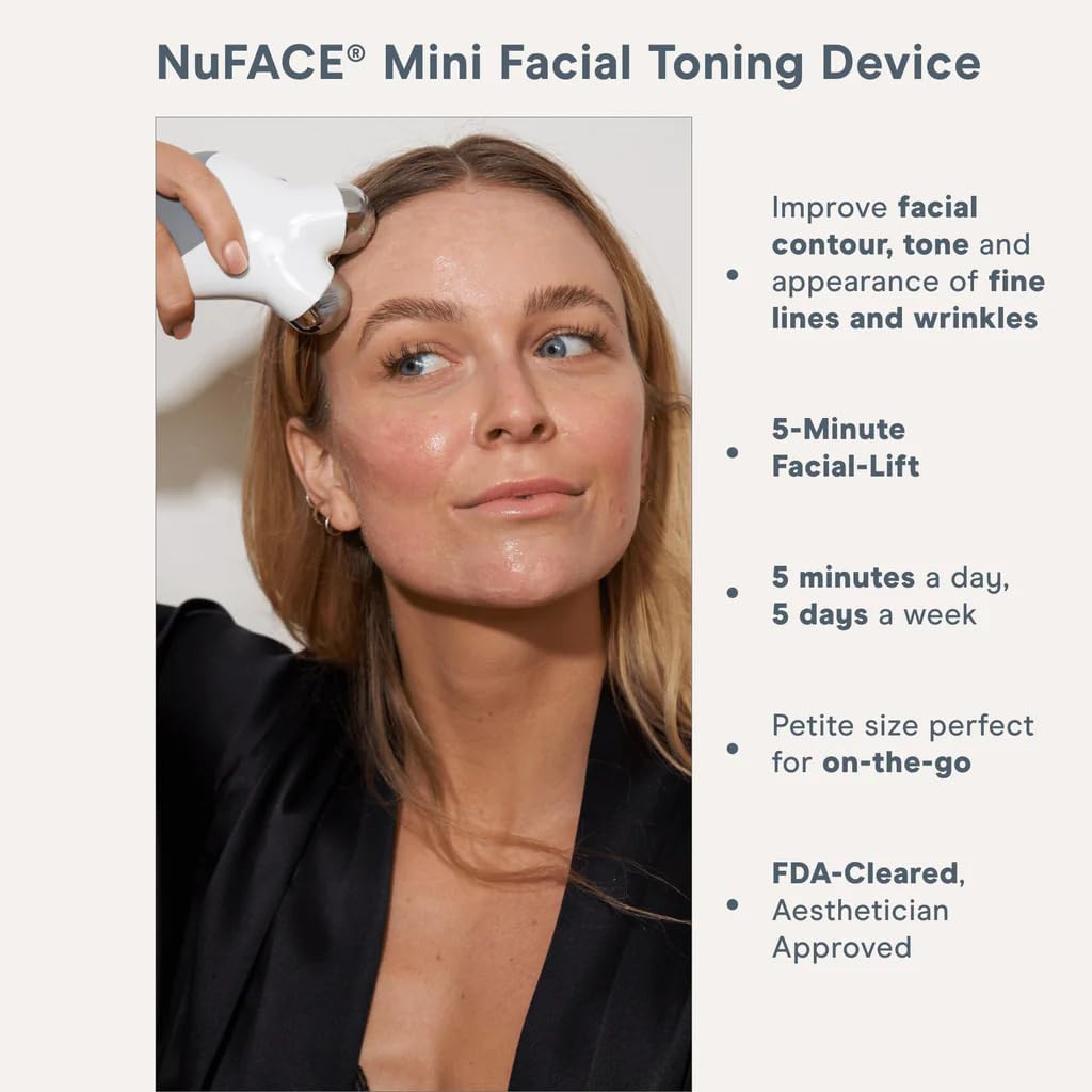 Woman using NuFACE Mini Facial Toning Device with product details on the right.