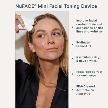 Woman using NuFACE Mini Facial Toning Device with product details on the right.