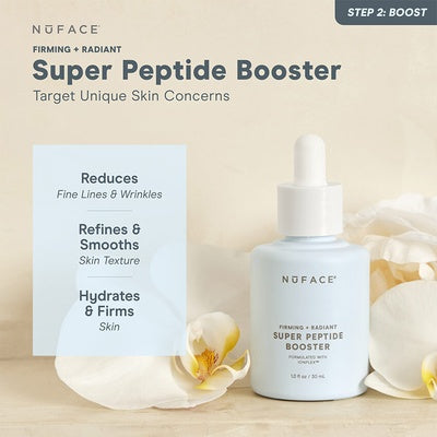 NuFACE Super Peptide Booster with packaging and text on a beige background