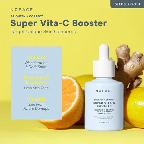 Nuface Super Vita-C Booster with ingredients on a yellow background