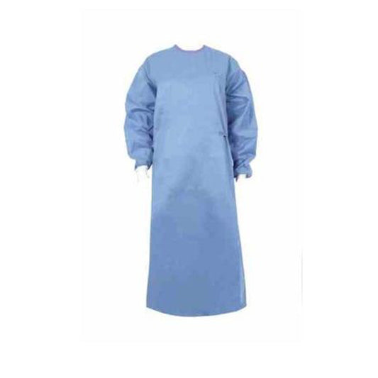 A light blue surgical scrub gown with long sleeves and a crew neck, shown against a plain white background.