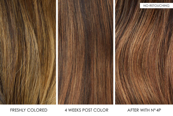 Comparison of hair color over time with 'Freshly Colored', '4 Weeks Post Color', and 'After with Né 4P' labels.