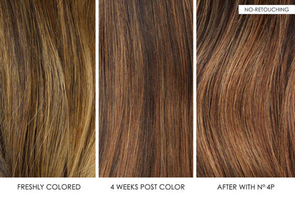 Comparison of hair color over time with 'Freshly Colored', '4 Weeks Post Color', and 'After with Né 4P' labels.