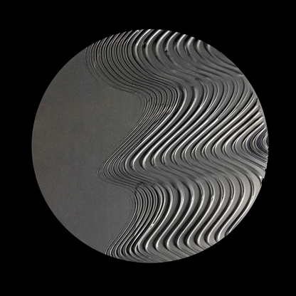 A circular abstract representation of mud mask featuring layered, wavy concentric lines in shades of gray and white on a black square background, centered within a light gray border.
