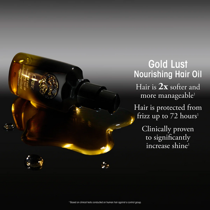 Gold Lust Nourishing Hair Oil bottle with text on a dark background