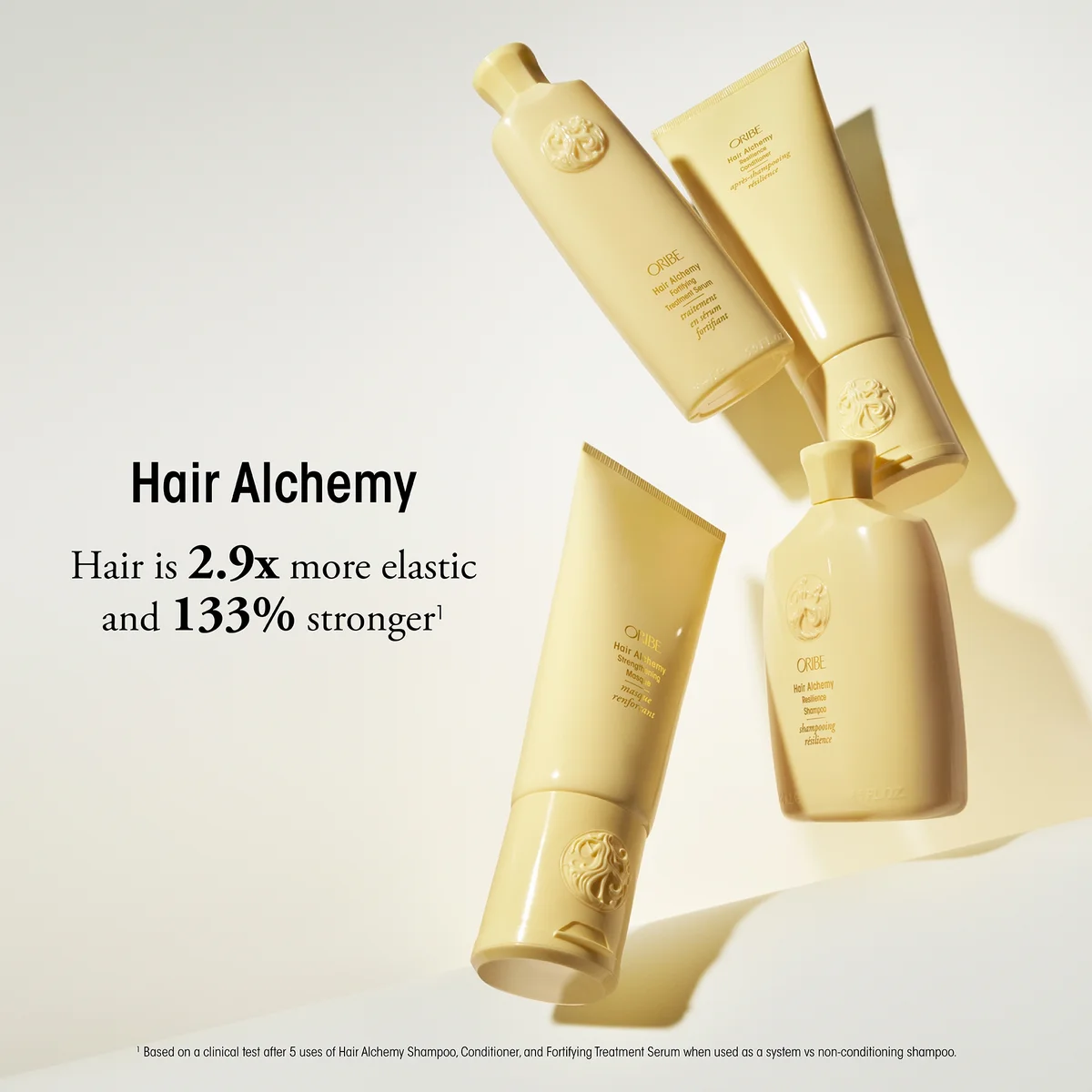 Hair care products with 'Hair Alchemy' branding on a light background