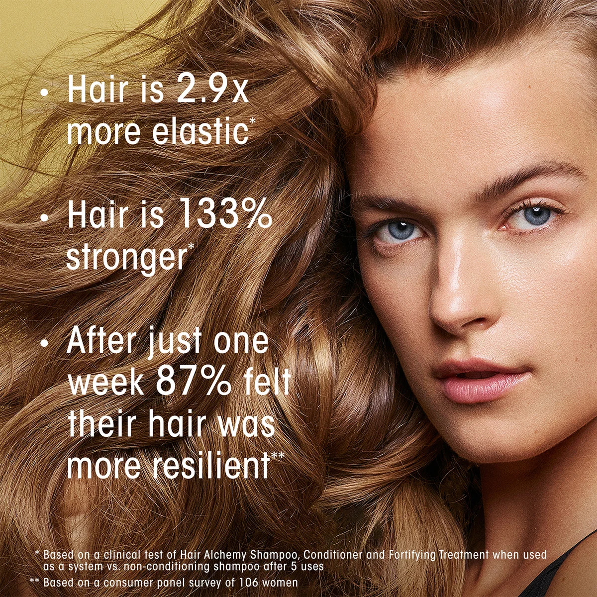 Woman with long, healthy hair and text highlighting hair elasticity and strength benefits.