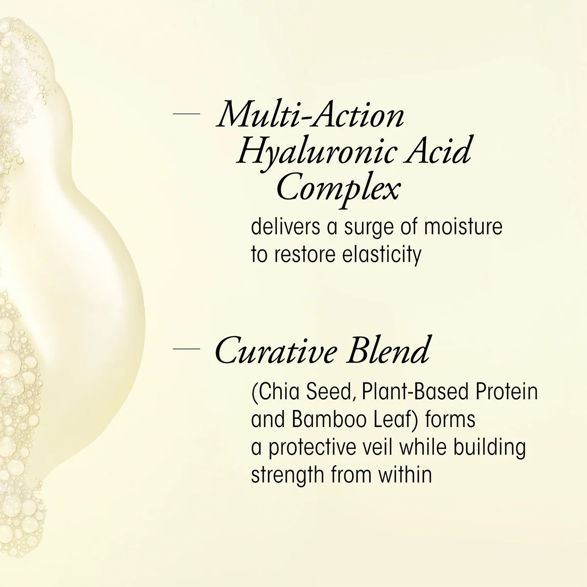 A beige promotional graphic with text describing a multi-action hyaluronic acid complex and curative blend, alongside a soft cream-colored abstract droplet illustration on the left.