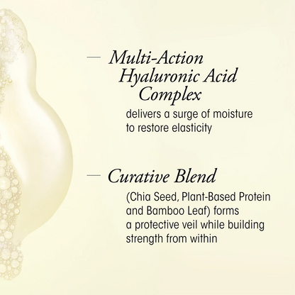 A beige promotional graphic with text describing a multi-action hyaluronic acid complex and curative blend, alongside a soft cream-colored abstract droplet illustration on the left.