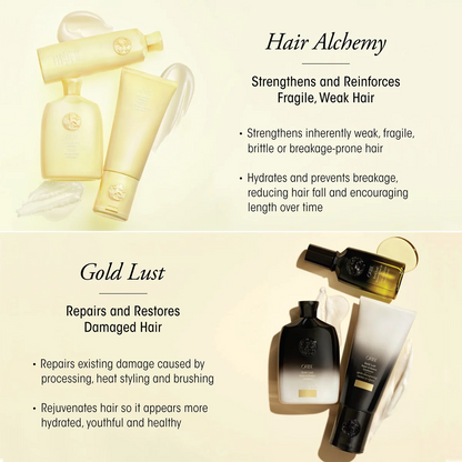 Hair care products with text describing their benefits on a beige background