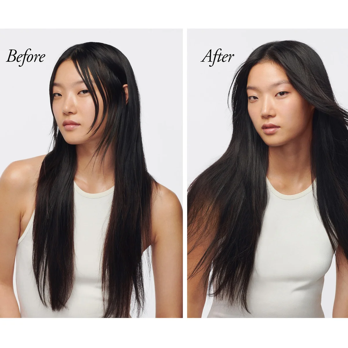 A side-by-side before and after comparison showing a woman with long, straight black hair on the left and smoother, slightly shinier black hair on the right, against a light gray background.