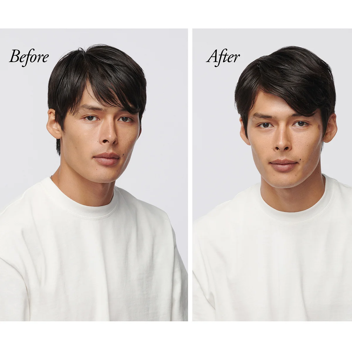 A side-by-side before/after comparison showing a man wearing a white crew-neck shirt against a light gray background. The left panel is labeled 'Before' and shows a slightly shorter, darker hairstyle; the right panel is labeled 'After' and shows the same man with longer, fuller dark hair.