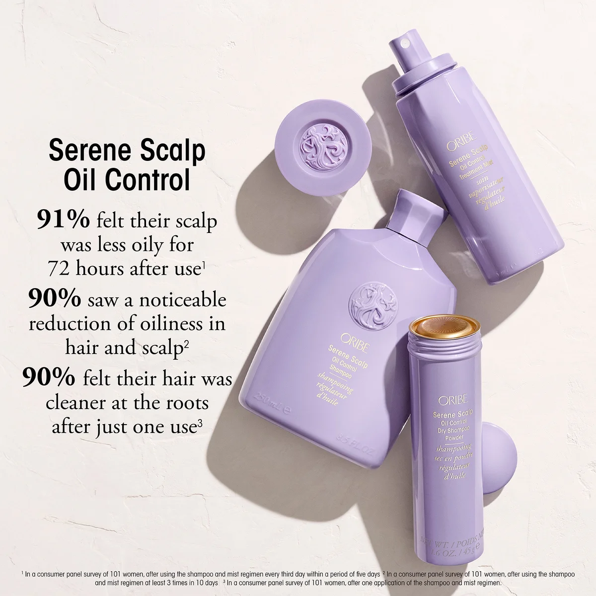 Caviar Serene Scalp Oil Control set featuring lavender purple shampoo, conditioner, and scalp oil bottles with gold lettering, arranged on a textured off-white background with promotional text on the left.