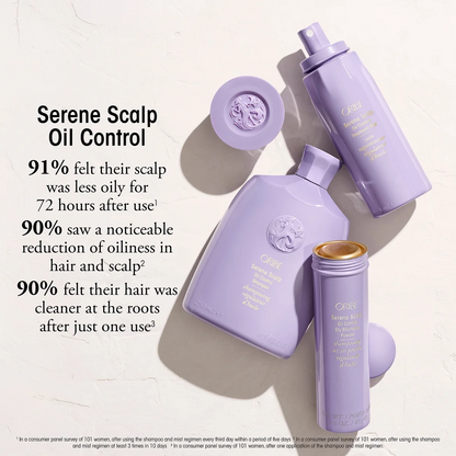 Caviar Serene Scalp Oil Control set featuring lavender purple shampoo, conditioner, and scalp oil bottles with gold lettering, arranged on a textured off-white background with promotional text on the left.