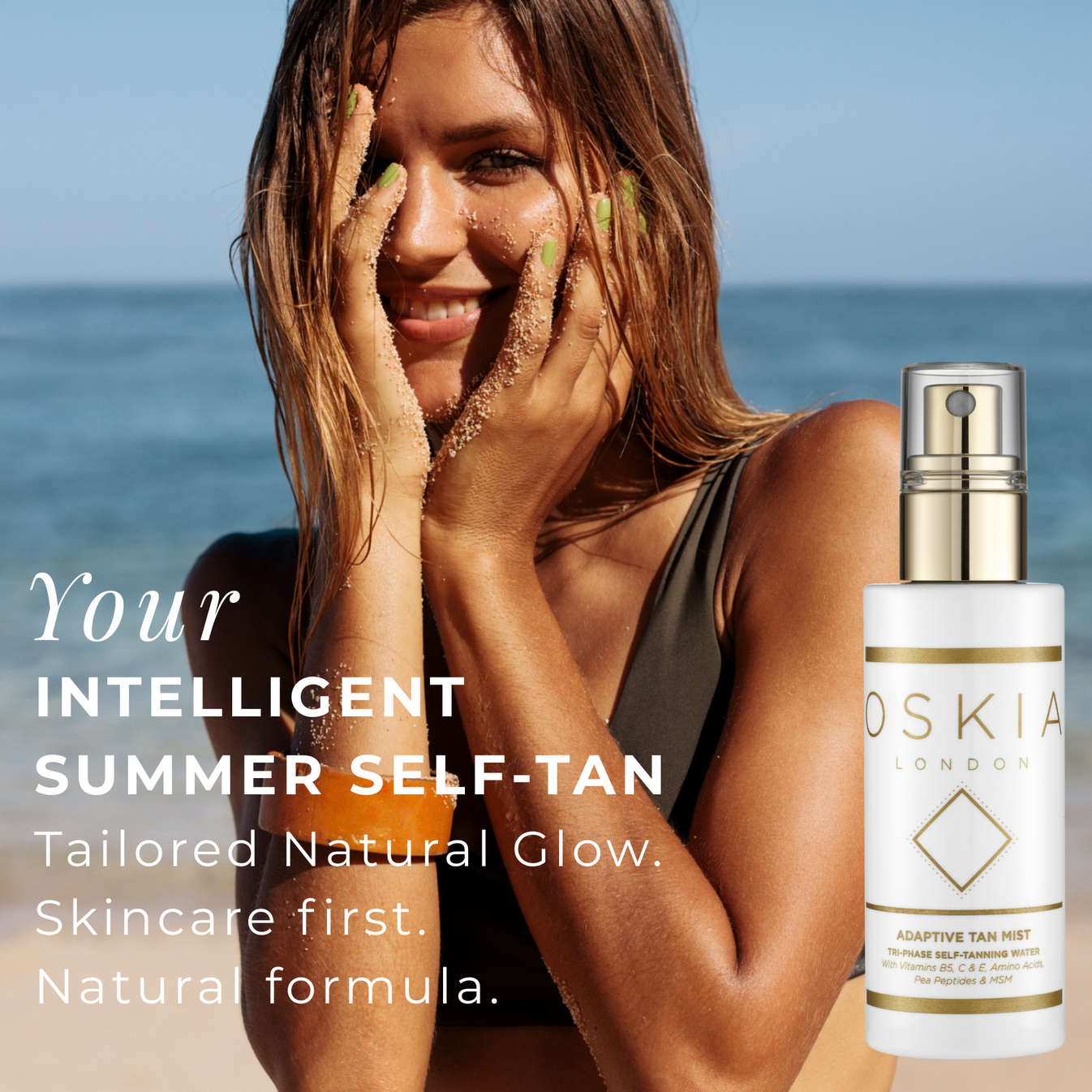 Woman with a sun-kissed glow applying tan mist by Oskia against a beach background.