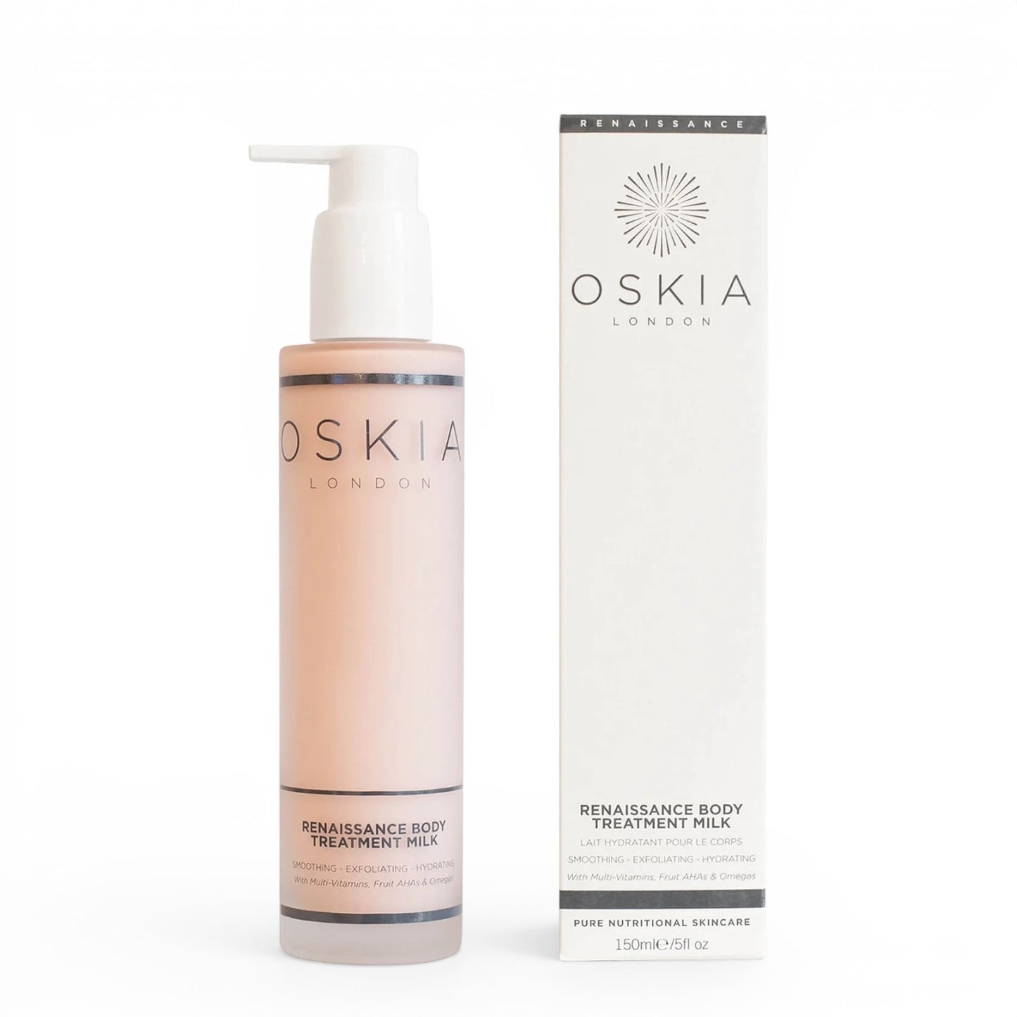 Oskia Renaissance Body Treatment Milk bottle and packaging on a white background