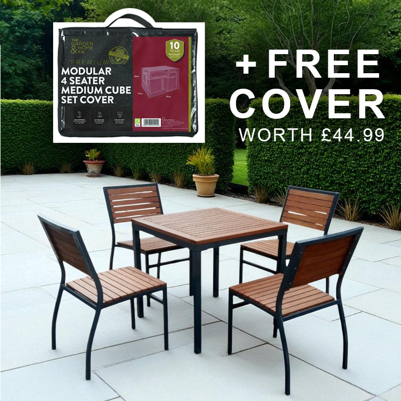 Premium 4 Seater Hardwood Outdoor Garden Patio Dining Set With Metal Frame – Square Table Stackable ChaIrs Brackenstyle Dorset