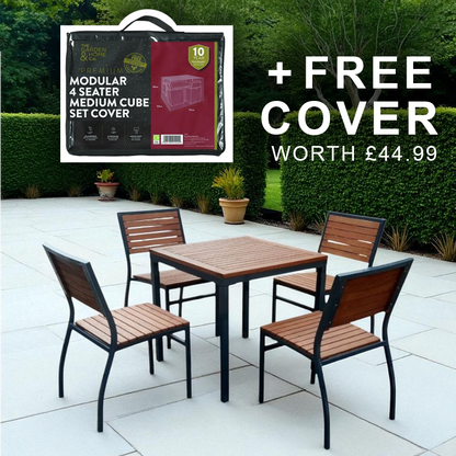 Premium 4 Seater Hardwood Outdoor Garden Patio Dining Set With Metal Frame – Square Table Stackable ChaIrs Brackenstyle Dorset
