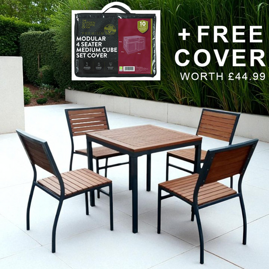 Premium 4 Seater Hardwood Outdoor Garden Patio Dining Set With Metal Frame – Square Table Stackable ChaIrs Brackenstyle Dorset