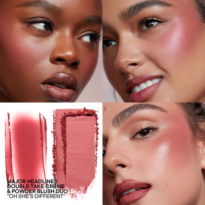 Four-panel beauty collage showing a model wearing a double-take cream and powder blush duo, with close-up makeup swatches and text reading 'MAJOR HEADLINES DOUBLE-TAKE CRÈME & POWDER BLUSH DUO *OH SHE'S DIFFERENT'.