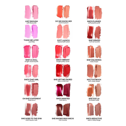 Lipstick color swatches with names on a white background