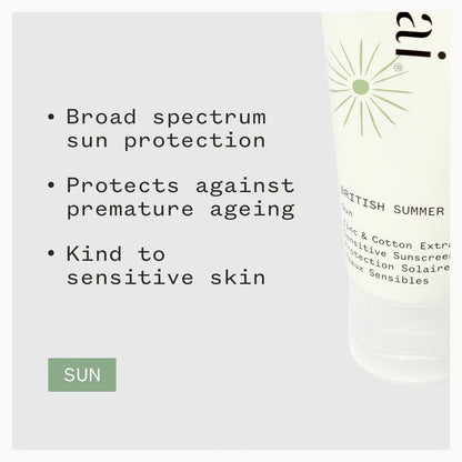 Sunscreen bottle with text highlighting features on a white background