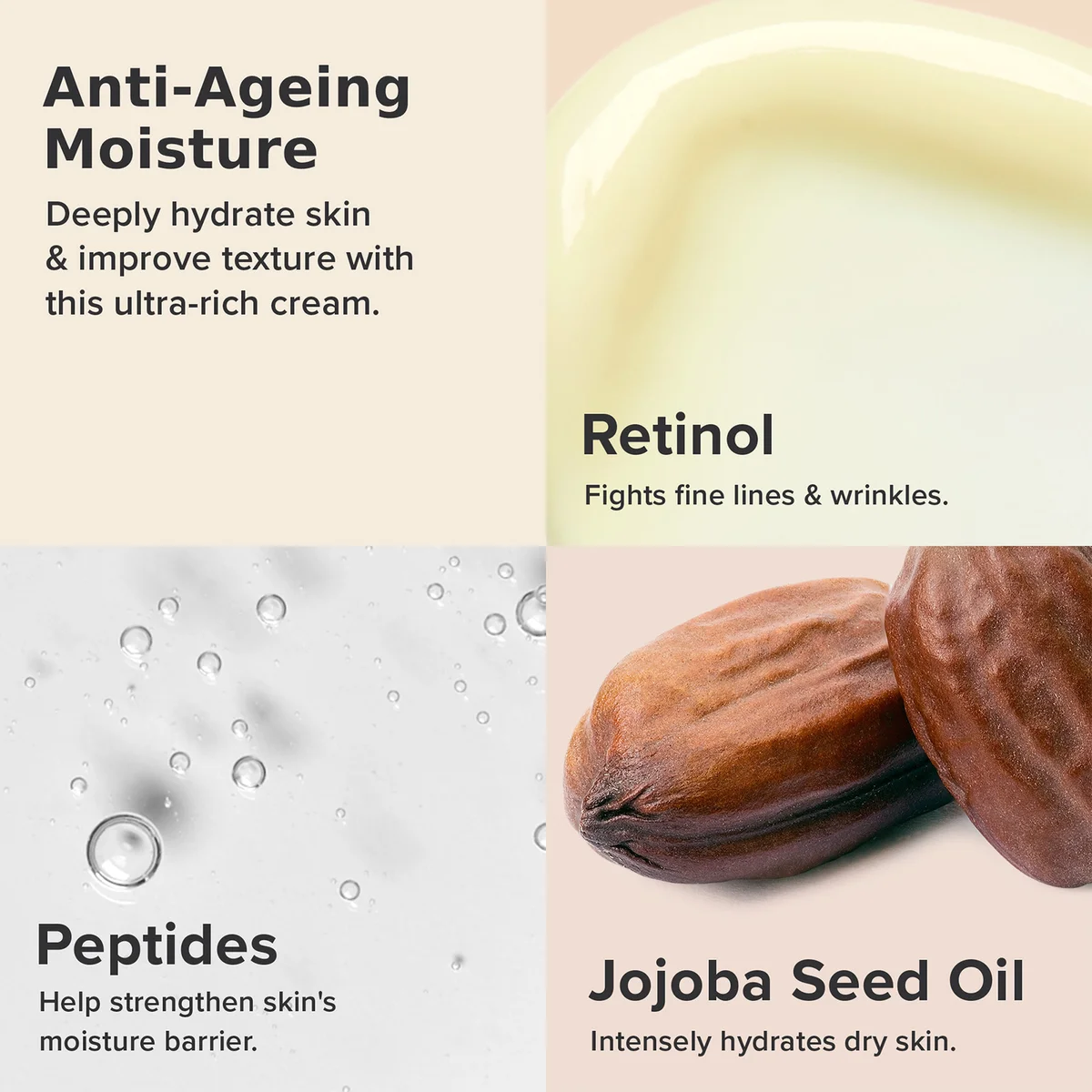 Cosmetic cream packaging with ingredients and benefits listed.