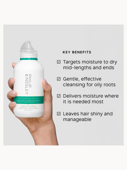 Hand holding a bottle of Philip Kingsley product with key benefits listed on a gray background