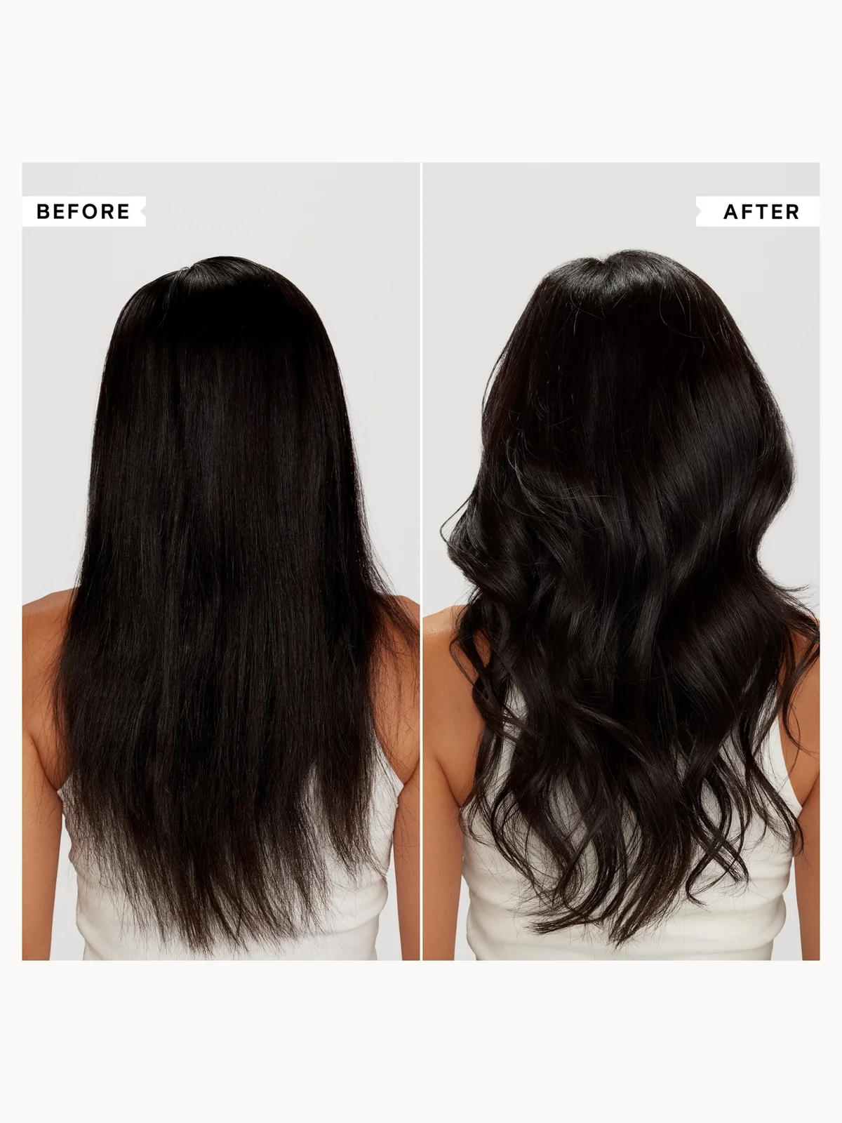 Before and after comparison of hair styling with a person wearing a white top.