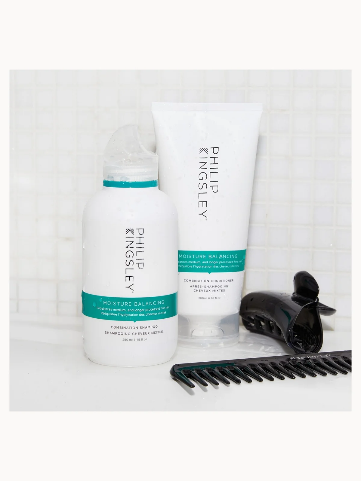 Philip Kingsley hair care products including shampoo, conditioner, and a comb on a white background