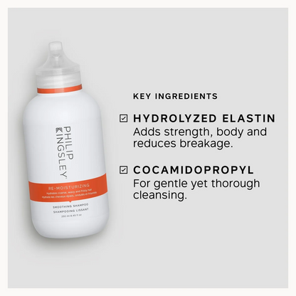 Philip Kingsley Re-Moisturizing Smoothing Shampoo bottle with key ingredients text on a light gray background