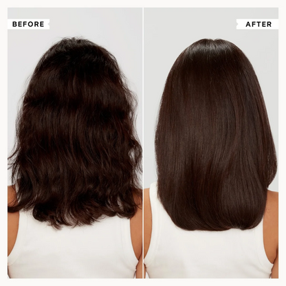 Before and after comparison of hair straightening treatment on a person.