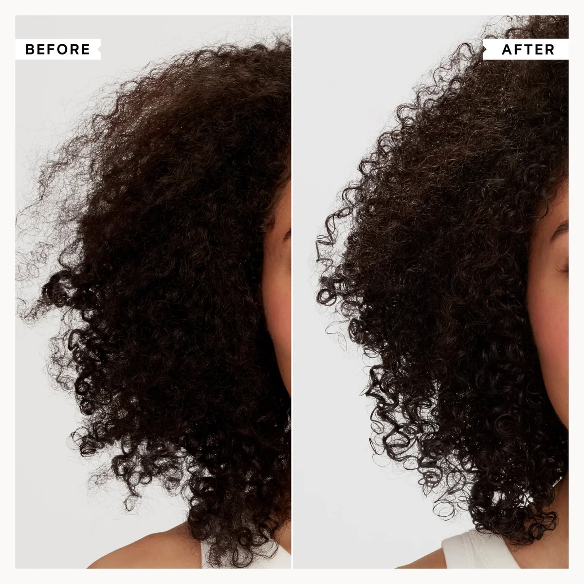 A side-by-side before and after comparison showing dark brown to black curly hair, with the 'AFTER' view displaying fuller, tighter curls. The image features a split-screen layout on a white background with 'BEFORE' and 'AFTER' text labels.
