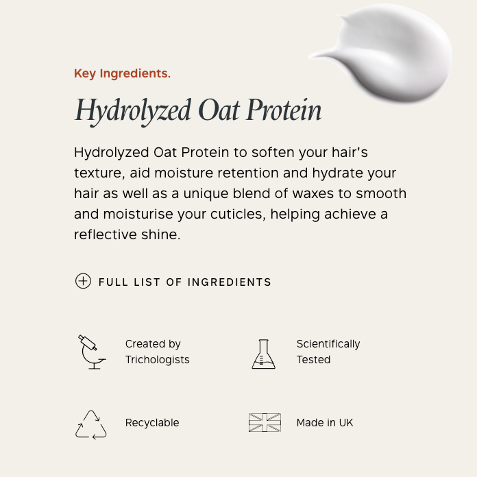 Product description page with hydrolyzed oat protein text and icons on a light background