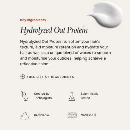 Product description page with hydrolyzed oat protein text and icons on a light background