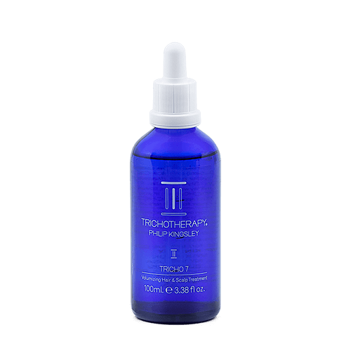 Blue bottle with white dropper labeled 'Tricho7' on a transparent background