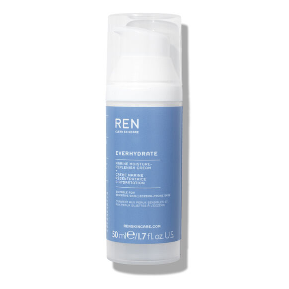 A 50 ml pump bottle of REN Everhydrate Clear Skincare moisturizer, featuring a light blue label and a clear cap, set against a plain white background with a soft shadow.