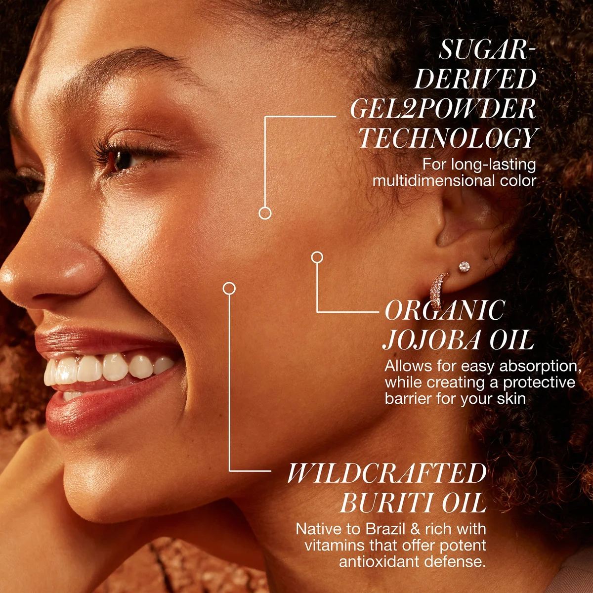 Woman's face with text highlighting sugar-derived gel2powder technology, organic jojoba oil, and wildcrafted buriti oil.