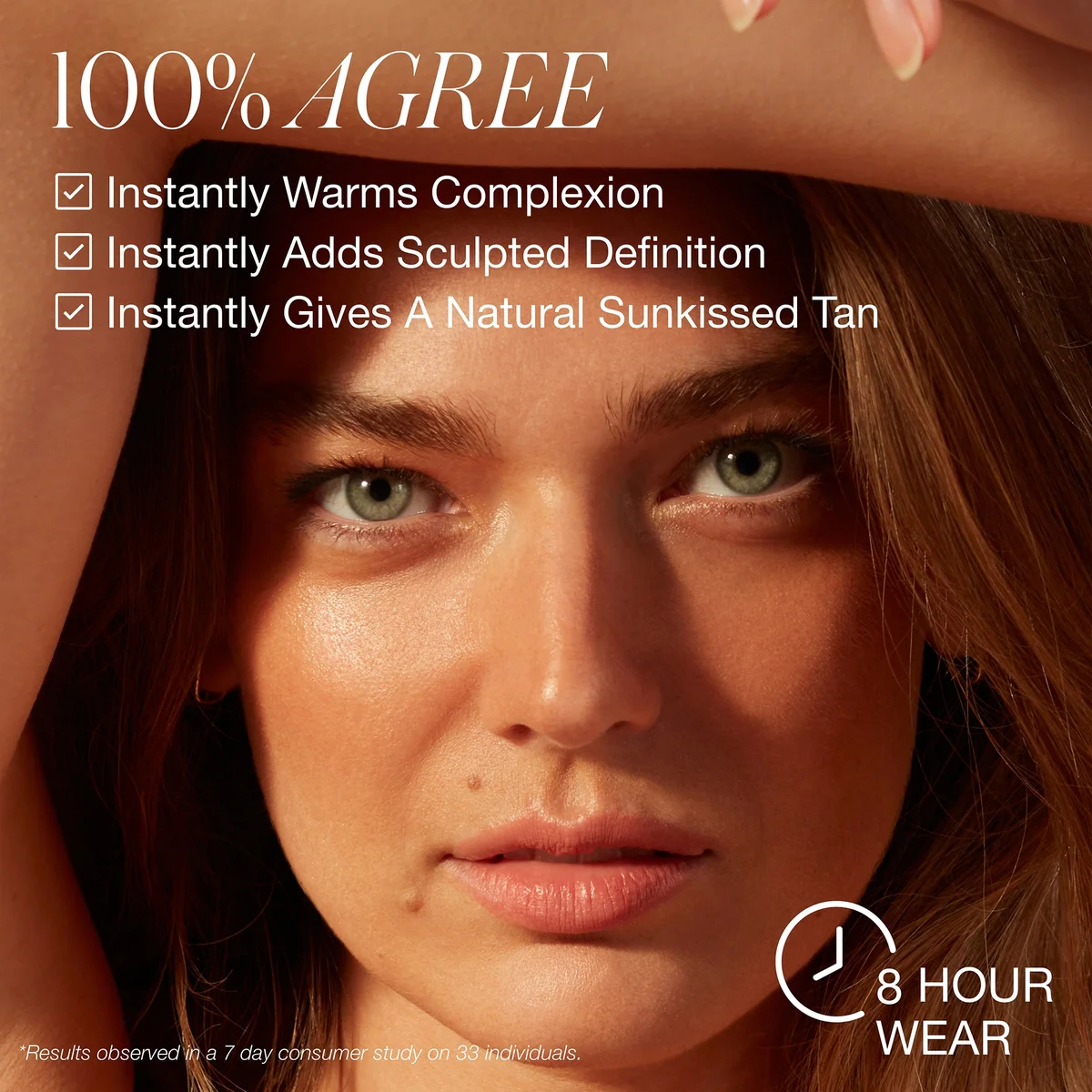 Woman with a sun-kissed complexion, text highlighting product benefits, and 8-hour wear feature.
